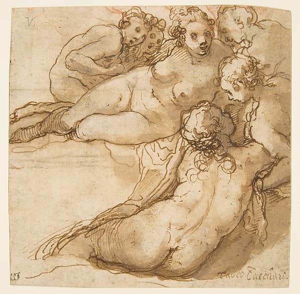Group of Six Reclining Nude Women (Nymphs Bathing) (recto); Sketch of a Leg (verso)