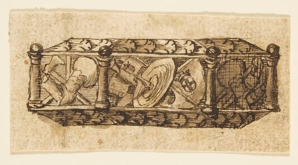 Design for an Object (Casket?) Decorated with Armorial Trophies and Foliage