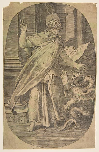 St Paul overcoming the viper, within an architectual setting, an oval composition