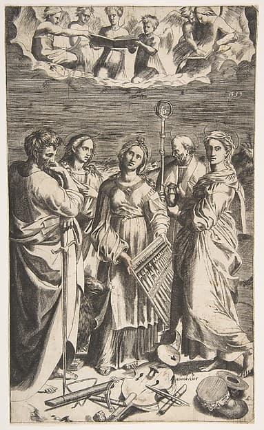 Saint Cecilia standing in the centre accompanied by Saint Paul, the Magdalene, Saint John the Evangelist, and Saint Augustine