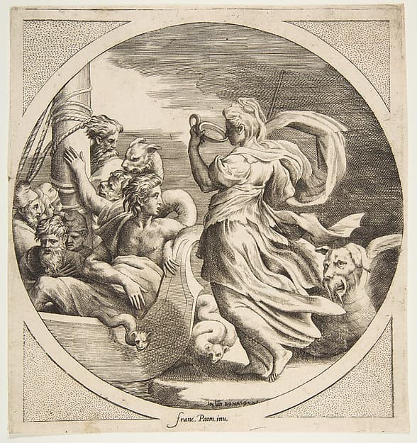 Circe drinking from a cup with the companions of Ulysses in a boat at left, a circular composition