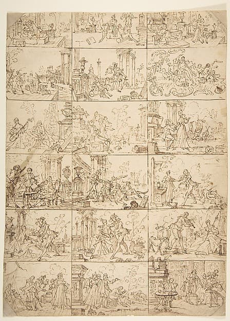 Eighteen Scenes of Courtship (recto), Study of Two Men Meeting Before a Portico