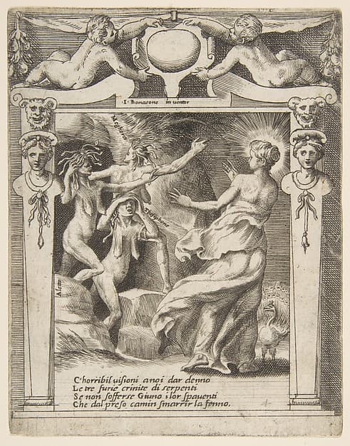 Juno frightened by the Furies, set within a decorative frame, from "Loves, Rages and Jealousies of Juno"