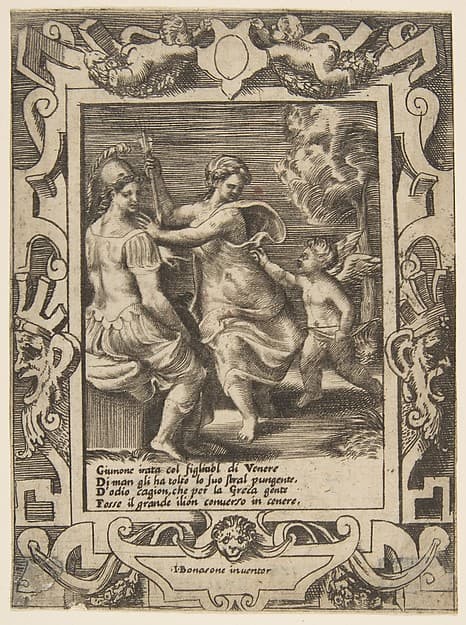Athena seated near Juno who has taken away Cupid's arrows, set within an elaborate frame, from "Loves, Rages and Jealousies of Juno"