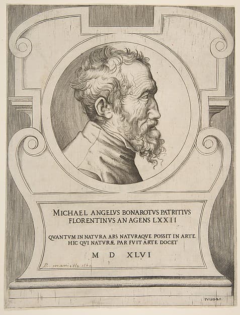 Bust portrait of Michelangelo facing right, set within a cartouche