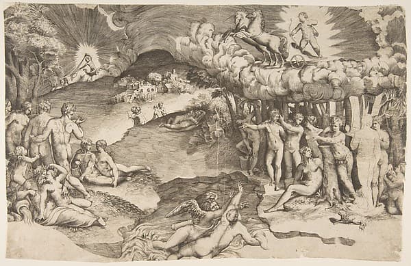 The triumph of love, cupid riding a chariot drawn by unicorn is in the upper right, naked figures fill the composition; a proof impression
