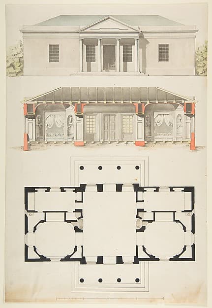 Plan, Elevation, and Section for a Single Story Pavilion