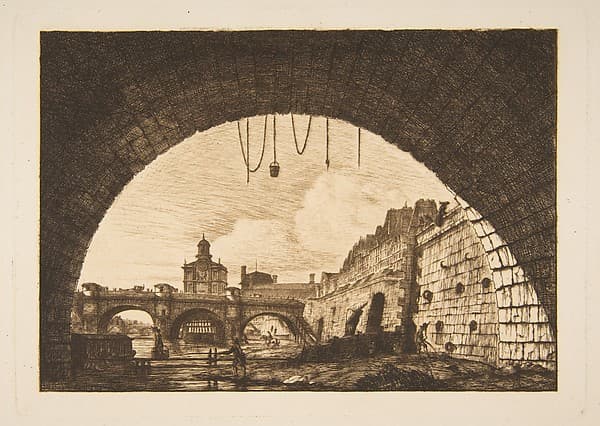 Le Pont-neuf et la Samartaine de dessous la première arche du Pont-au-Change (Pont-neuf and the Samartaine seen from under the first arch of the Pont-au-Change, Paris, after Nicolle)