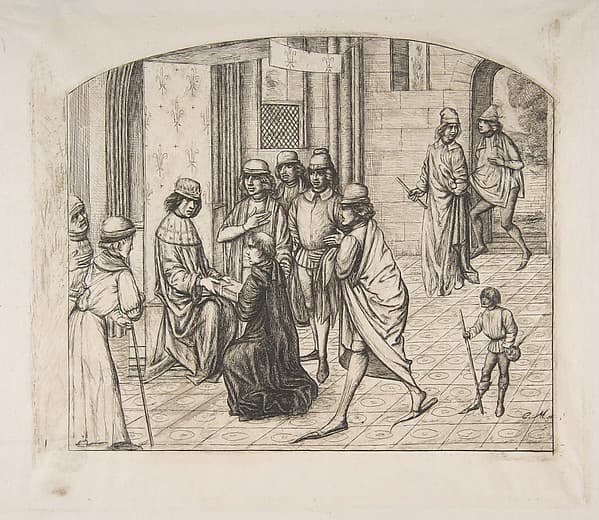 The printer Valère Maxime being presented to King Louis XI, after an earlier miniature