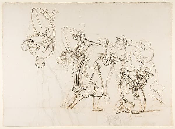 Sketch for the Judgment of Solomon (?); verso: Dancing Mythological Figures