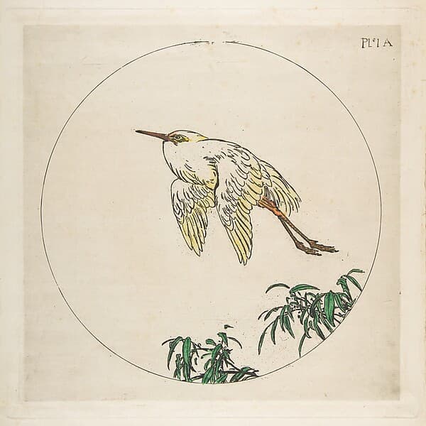 Decoration for a Plate: An Egret Flying Above Bamboo Branches