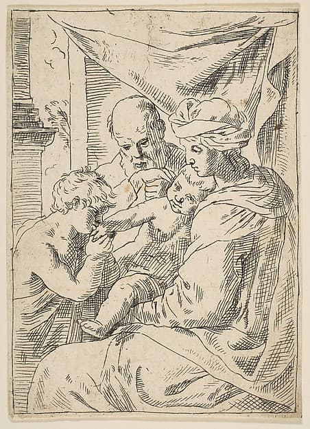 Holy Family with Saint John the Baptist kissing the infant Christ's hand, copy in reverse after Cantarini