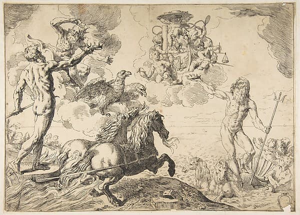 Jupiter, Neptune, and Pluto offering their crowns to the arms of Cardinal Borghese