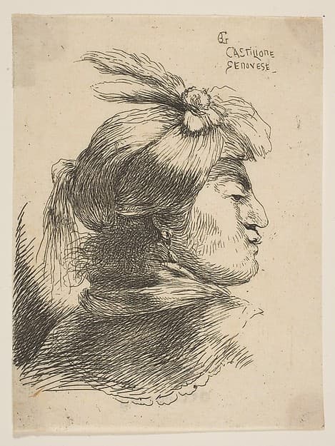 Man wearing a small turban Oonamented with plumes and ribbon, facing right, from the series of 'Small Heads in Oriental Headdress' (19th century impression)