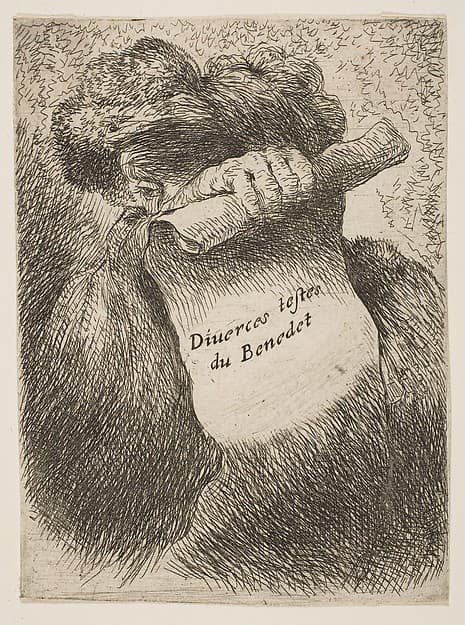 Man holding a scroll in front of his face, from "Small Heads in Oriental Headdress"