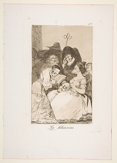 Plate 57 from "Los Caprichos": The filiation (La filiacion)