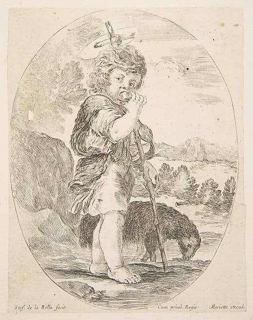 Saint John the Baptist eating a piece of fruit, an oval composition
