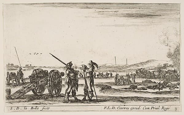 An officer giving orders to a soldier in centre foreground, cannon at left, plate 3 from "Various Military Caprices" (Varii capricci militari)