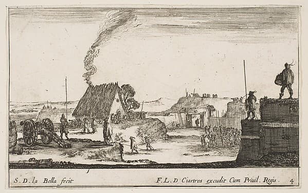 A military encampment with a soldier standing on a parapet to the right beating a drum, plate 4 from "Various Military Caprices" (Varii capricci militari)
