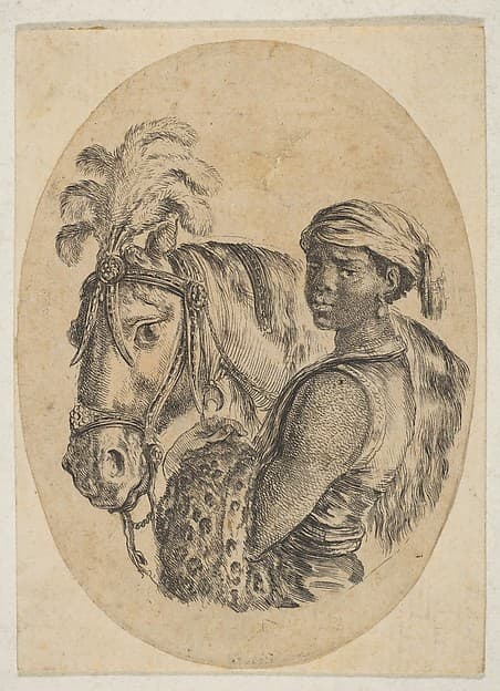 Black slave carries a leopard pelt and holds the bridle of a horse, from "Several heads in the Persian style" (Plusieurs têtes coiffées à la persienne)