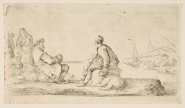 A young sailor and an old man sitting by the sea