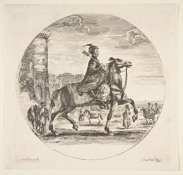 Polish horseman in profile facing right, a tower and other figures on horses in background, a circular composition, from 'Figures on Horseback' (Cavaliers nègres, polonais et hongrois)