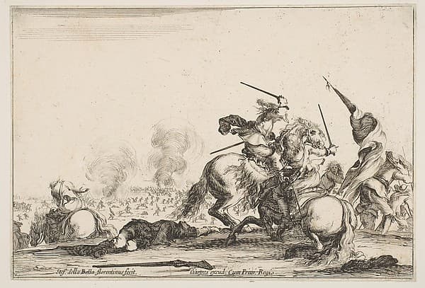 A skirmish, two horsemen battling with swords to the right, men carrying a flag running away towards the right, a dead man on the ground and a horseman seen from behind to the left, from "Varie figure"
