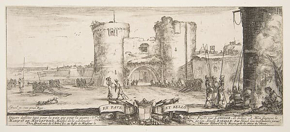 An entrance to a fortress in center, a woman with child seated by a fire to right, soldiers gather to right and in center, cannons in landscape to left, title page from "Peace and War" (Divers desseins tant pour la paix que pour la guerre)