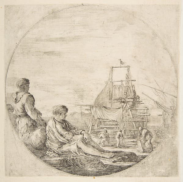 A seated white sailor and a standing black sailor, people building a ship in the background, a circular composition