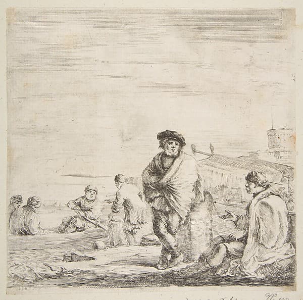 A standing sailor talking to a seated Levantine