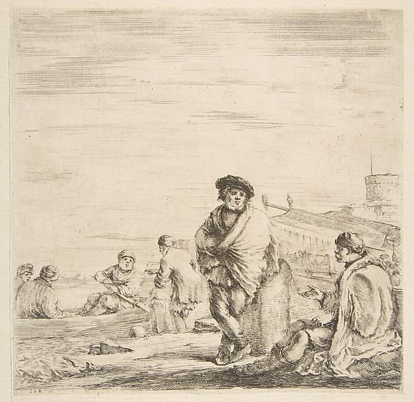 A standing sailor talking to a seated Levantine