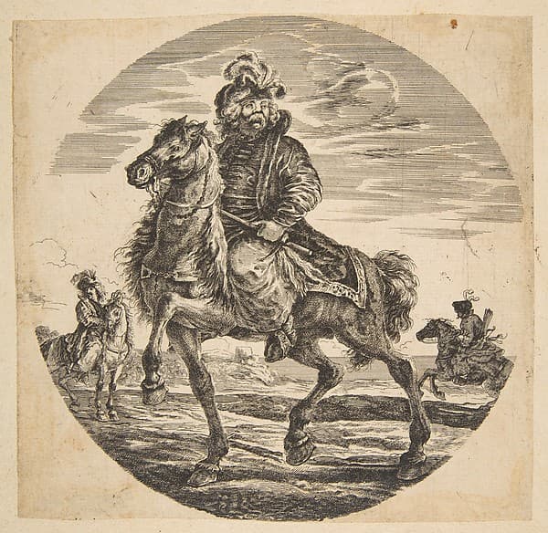 Hungarian horseman riding towards the left, other horsemen in the background, a circular composition from 'Figures on Horseback' (Cavaliers nègres, polonais et hongrois)
