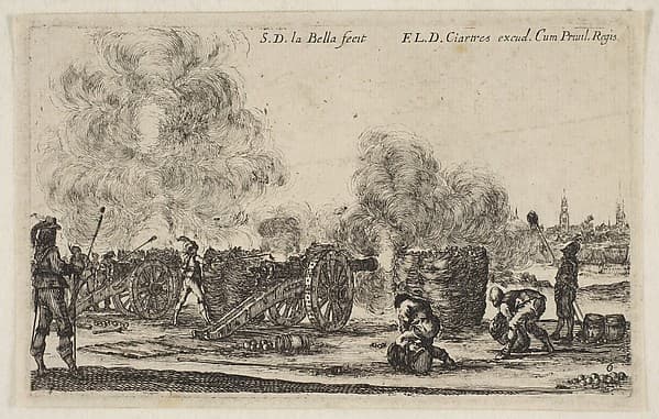 Plate 6: battery of cannons firing on a city, from "Various Military Caprices" (Varii capricci militari)