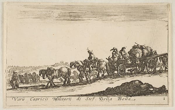 Plate 1: a horse drawn cart carrying people and goods, dead horse in the foreground, from "Various Military Caprices" (Varii capricci militari)