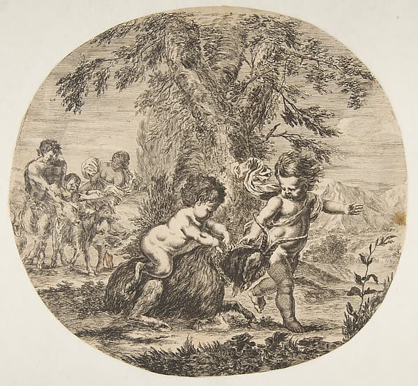 A child and a satyr child playing with a goat
