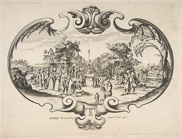 Fan with figures in a garden