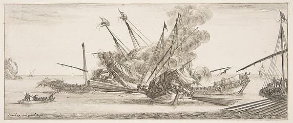 Naval combat, a ship at center, seen from behind, firing at four enemy ships, another ship entering from the right, a rowboat with nine people to left, from "Peace and War" (Divers desseins tant pour la paix que pour la guerre)
