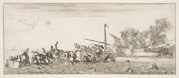 Naval battle, a rowboat filled with people fighting with muskets to left, people drowning in the sea in the center and right foreground, a ship on its side and burning in the background, from "Peace and War" (Divers desseins tant pour la paix que pour la guerre)