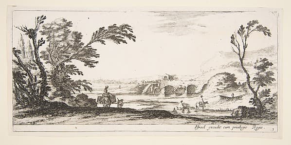 Plate 3: two horsemen crossing a river to right, a woman with two baskets atop a donkey to left, trees to the left and right, a bridge in the background, from 'Various landscapes' (Divers paysages)