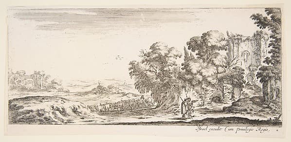 Plate 4: two pilgrims observing ruins to right, one pointing towards the right, a shepherd and a herd of cattle in center background, from 'Various landscapes' (Divers paysages)