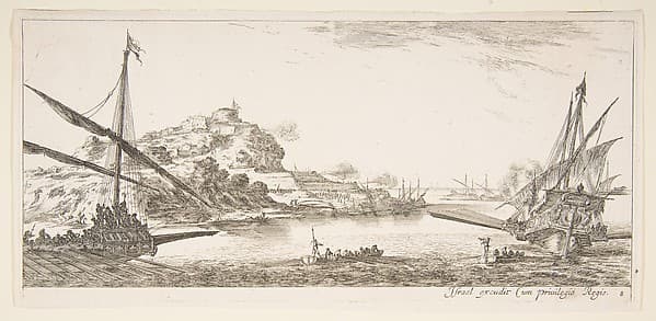 Plate 8: A the bow of a galley at left and another galley at right, seen from behind, two rowboats in center, a hill with a fortress in the background, from 'Various landscapes' (Divers paysages)