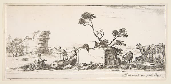 Plate 12: a seated draughtsman to left, a standing shepherd next to him to right, ruins and animals to the right, a tower in ruins to left in the background, from 'Various landscapes' (Divers paysages)