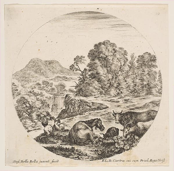 A horse lying down at center, a cow and two goats at right, two seated shepherds to left, a waterfall and a mountain at left in the background, plate 10 from "Roman landscapes and ruins" (Paysages et ruines de Rome)