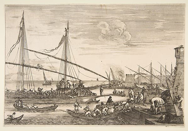 View of the fortifications, two men lifting a plank at right, several ships and boats the background and a galley at left, from 'Views of the port of Livorno' (Vues du port de Livourne)