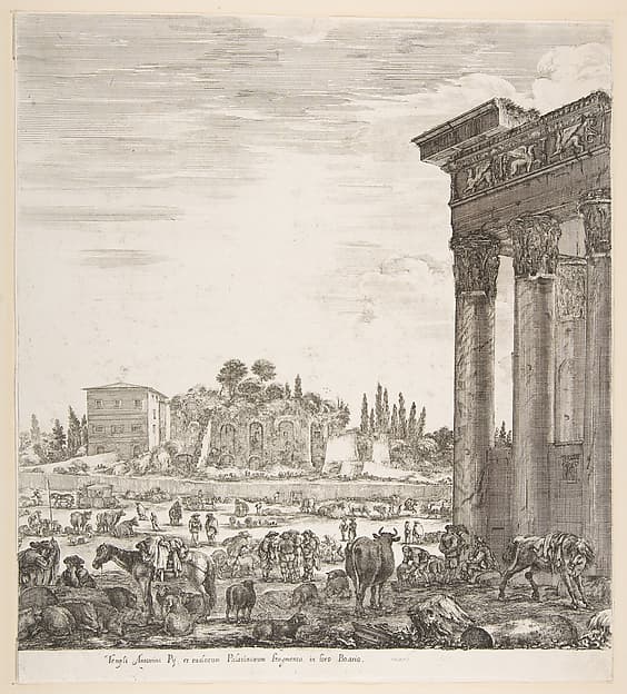 The columns of the Temple of Antoninus to right, a part of the Campo Vaccino in center and at left, along with various animals and figures, the Palatine ruins in the background, from "Six large views, four of Rome, and two of the Roman countryside" (Six grandes vues, dont quatre de Rome et deux de la Campagne romaine)