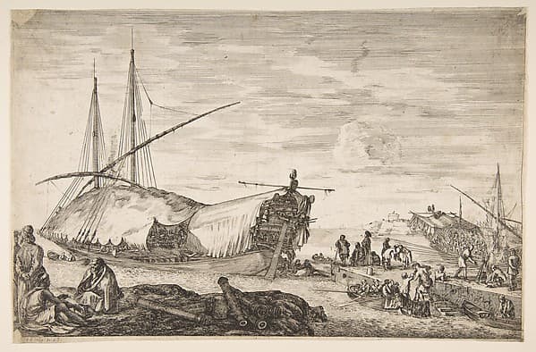 A galley covered in sails to left, six cannons and four people to left in foreground, one man seated at far left smoking a pipe, a man assisting others disembarking from rowboats to right, other rowboats and ships in the background, from 'Views of the port of Livorno' (Vues du port de Livourne)