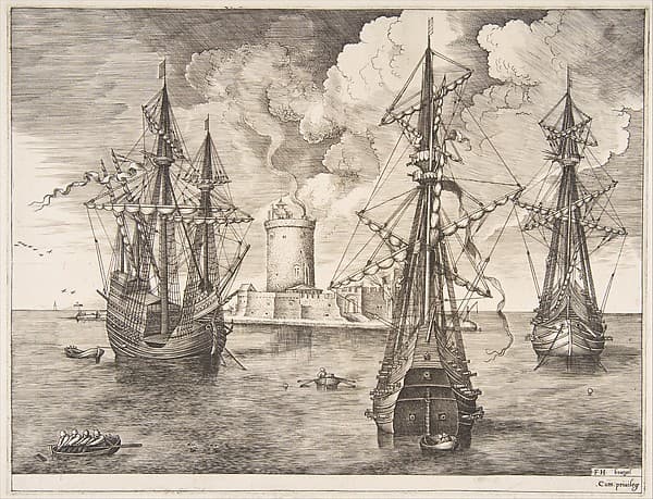 Four-master and Two Three-masters Anchored near a Fortified Island, from "The Sailing Vessels"