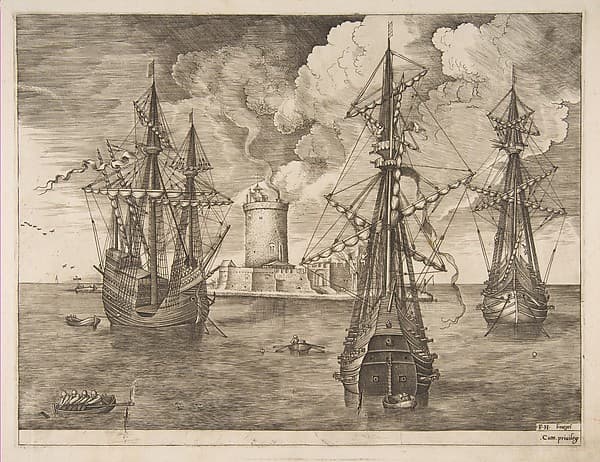 Four-Master (Left) and Two Three-Masters Anchored near a Fortified Island with a Lighthouse from The Sailing Vessels