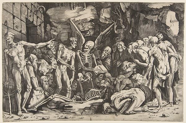 The Skeletons, a group of emaciated men and women gathered around a skeleton laid on the ground and a figure of Death as a winged skeleton standing above it holding an open book