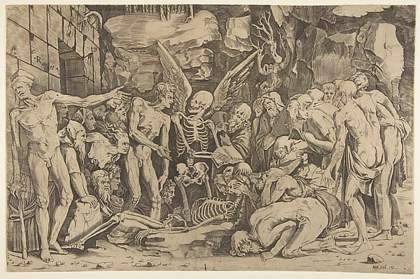 The Skeletons, a group of emaciated men and women gathered around a skeleton laid on the ground and a figure of Death as a winged skeleton standing above it holding an open book